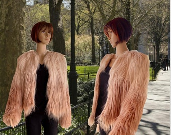 BOHO / HIPPIE fuzzy short faux fur jacket - Long fur, soft, degraded from beige  to light pink.