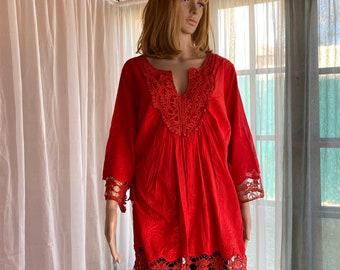 Vintage 90's - Bright red cotton tunic, embroidery, tie in back, long sleeves, "v' neck. Size LG