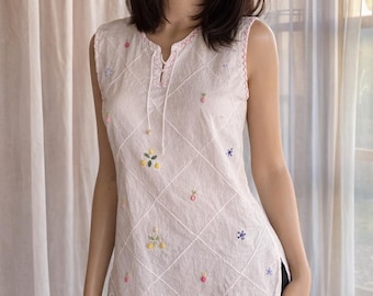 Vintage 70's - Cotton sleeveless long blouse/top./tunic  Hand embroidered embroidered front.
