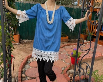 Boho /Hippie Denim tunic with white lace at hem and sleeves. Off shoulders. M/L