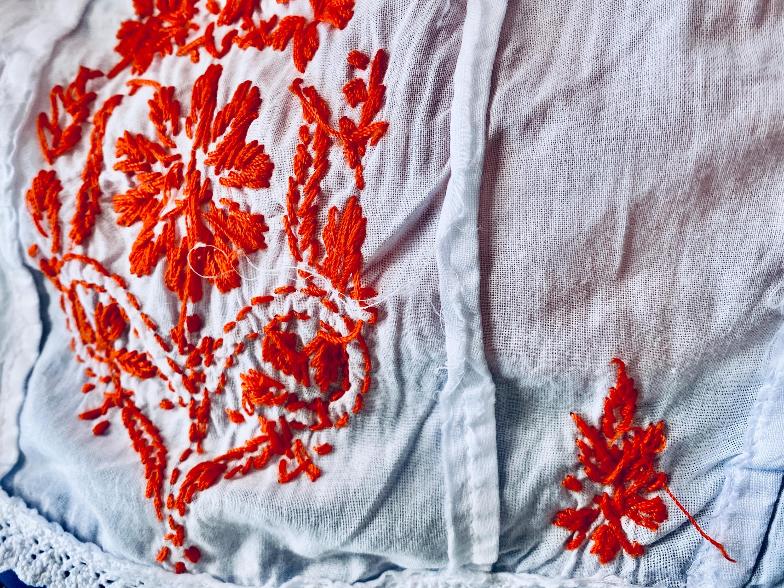 Hand Embroidered White Cotton Dress, With Orange Yarn Embroidery. Long  Sleeves, Knee Length. - Etsy