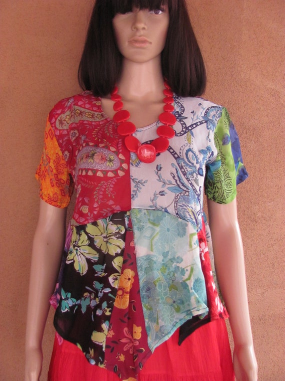 Patchwork Blouse: Multicolor Asymmetrical Hem, Si… - image 1