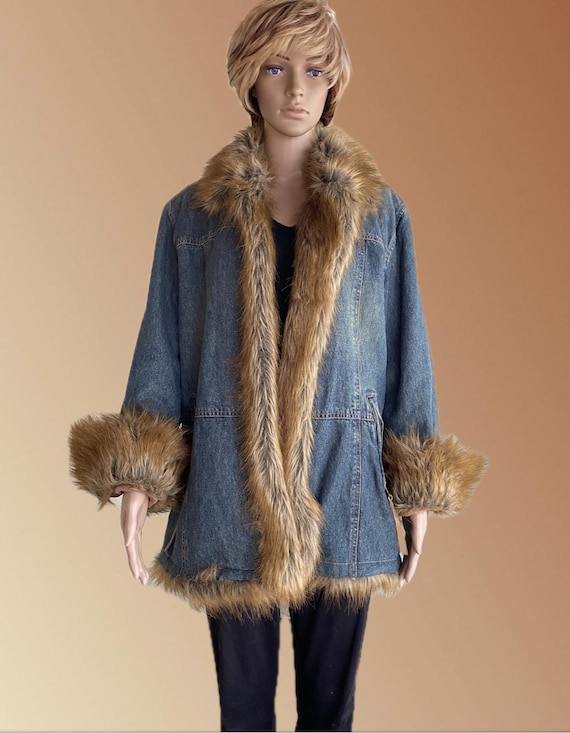 Penny Lane Denim Coat: Faux Fur Trim, Quilted Lining - Boho Chic