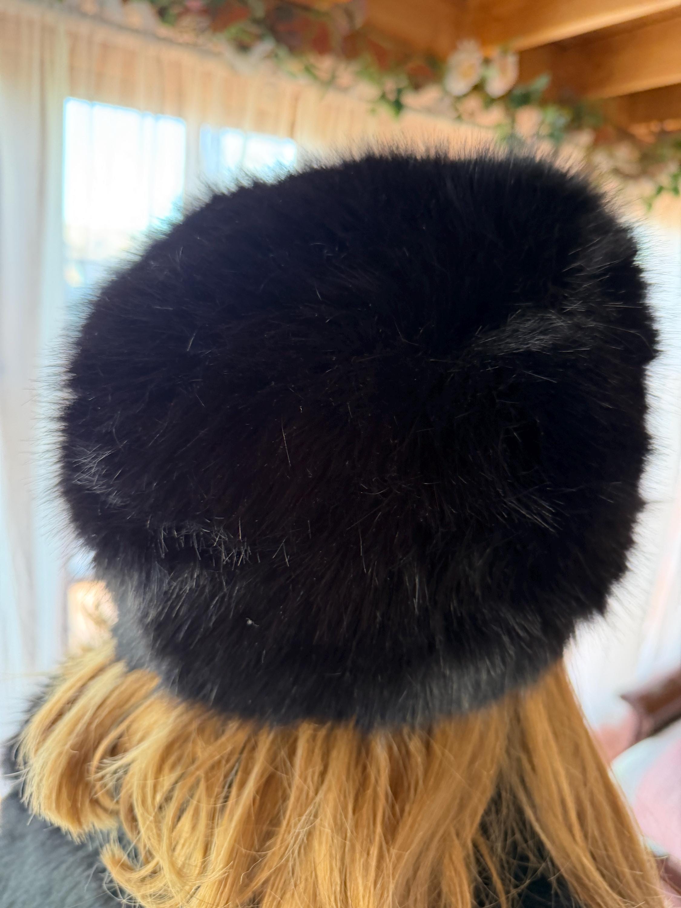 Vintage Black Faux Fur Russian Style Hat. Cossack Furry Hat 