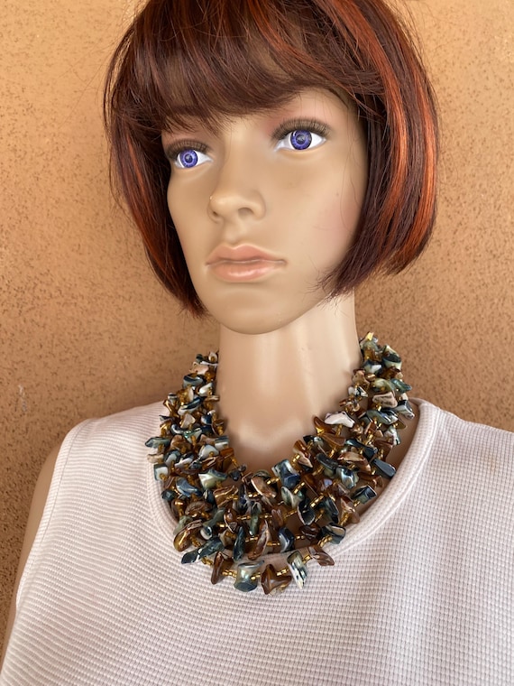 Multi Strand Shell Bib Necklace: Iridescent Bruta… - image 1