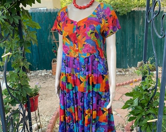 VINTGE 80'S - BILA multicolors rayon full skirt dress, round neck, short sleeves. M.