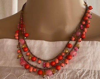 Vintage 40's double strands pinks and oranges glass beads on copper chain.