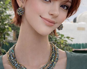 LAGUNA STAMP - Unique Aurora Borealis and Gold Chains Multi Strands Choker Necklace Set