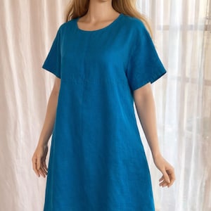 Bryn Walker -teal Flowing Linen Dress . Knee Length Short Sleeves.empress  Bodice, Pockets - Etsy