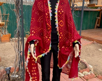 Large Indian burgundy cotton shawl or scarf with fringes on the edges