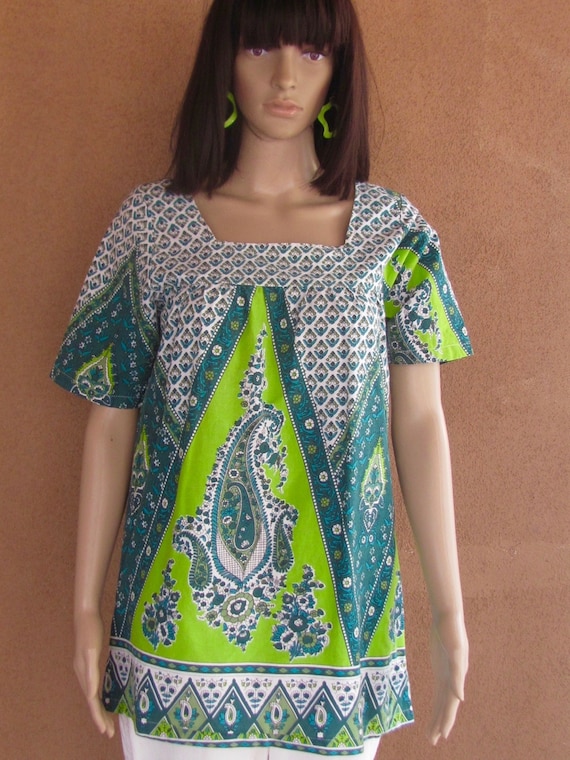 African print cotton blouse, lime green and fores… - image 1