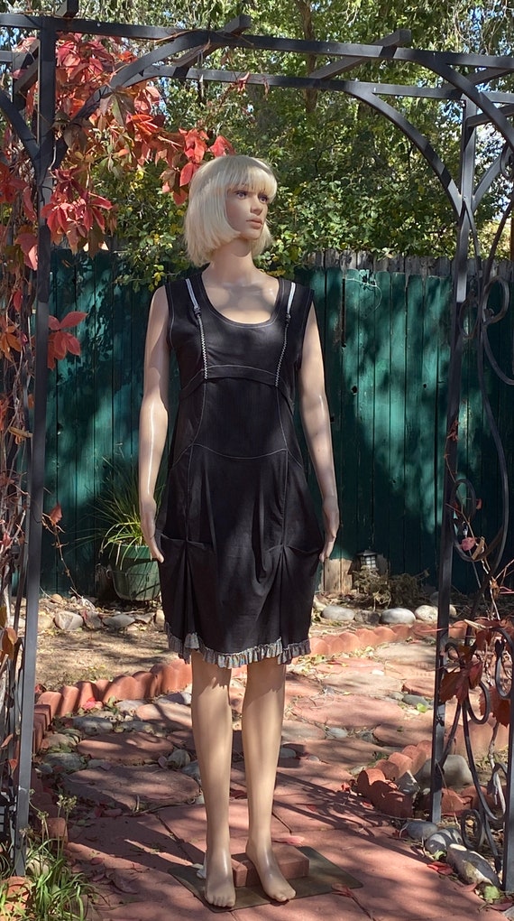 Vintage 90's - Poplin black dress, striped, ruffl… - image 2