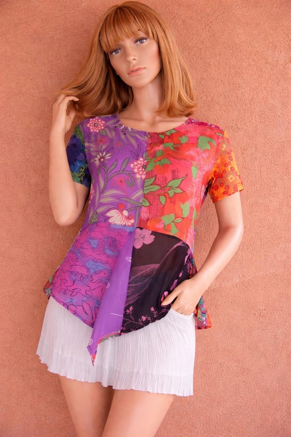 Patchwork Blouse: Multicolor Asymmetrical Hem, Si… - image 1