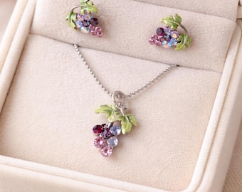 Rhinestone Grape Pendant and Earrings Set: 1990s Sonoma Jewelry
