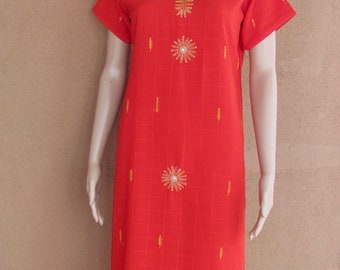 Salwar/Kurta/Tunic/Dress - Bright red with gold and silver embroidery, size medium