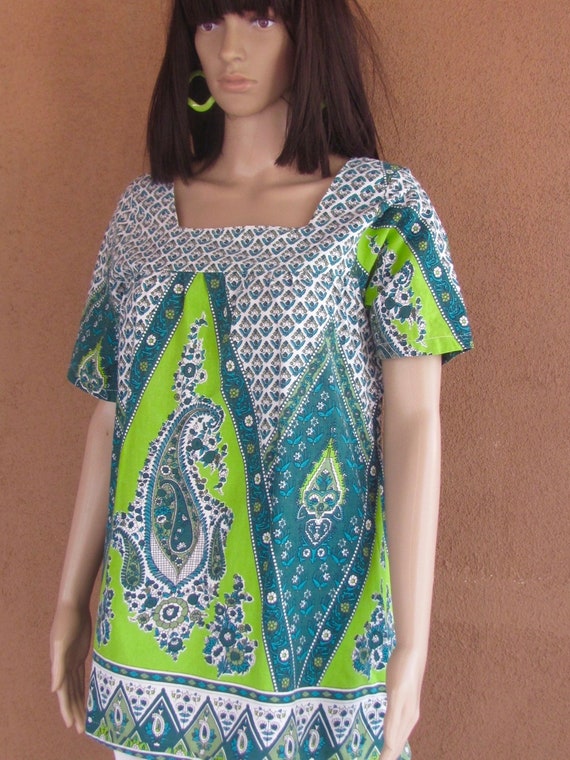 African print cotton blouse, lime green and fores… - image 2