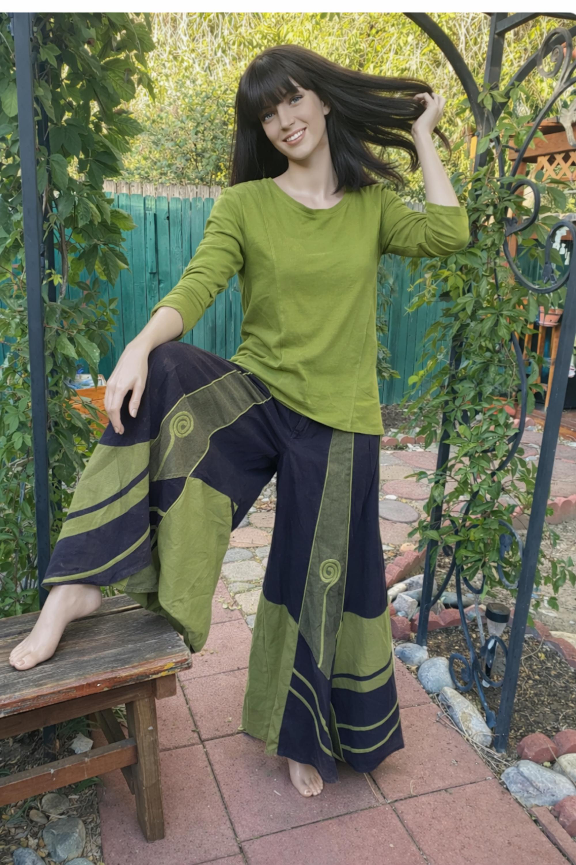 Patchwork Green and Black Wide Leg Cotton Pants, Stretchy Tummy