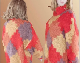 MOHAIR pullover sweater - Bright red, mustard yellow and brown - Made in England -