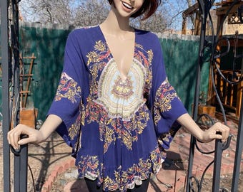 Vintage 90's Free People Paisley Blouse: Baby Doll Angel Sleeve Top