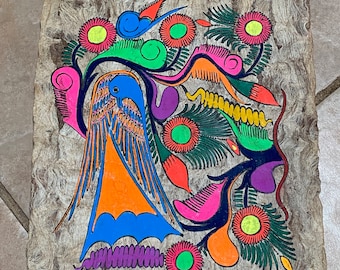 ヴィンテージのメキシコアマテ樹皮画：カラフルな鳥の民芸品 - Etsy 日本