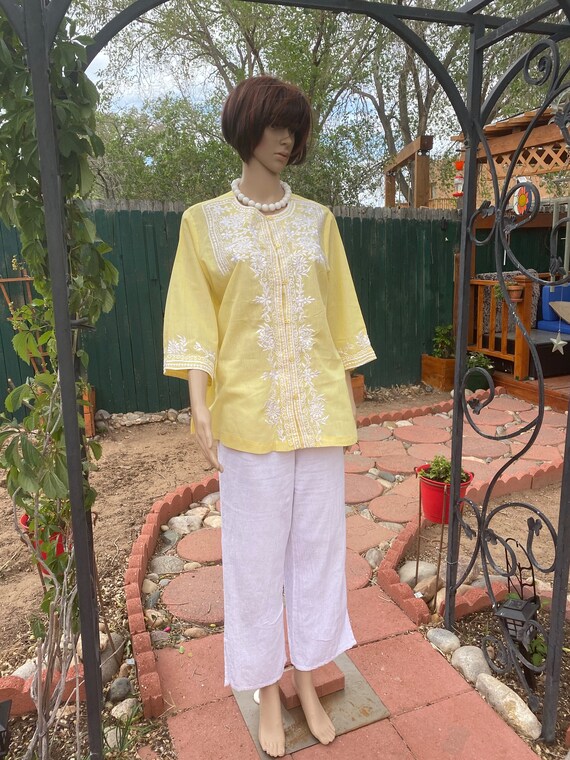 VINTAGE 60's - Yellow Cotton Long Sleeve Blouse w… - image 2