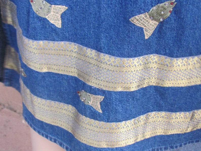 Vintage 80/'s with golden embroidered fishes Maxi Sleeveless Jean dress