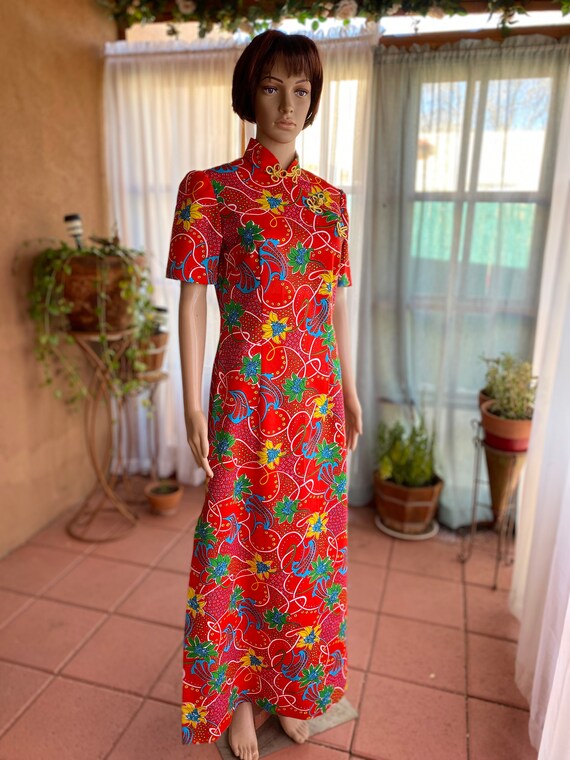 VINTAGE 1970s - Maxi Dress - Red - Chinese Style with… - Gem