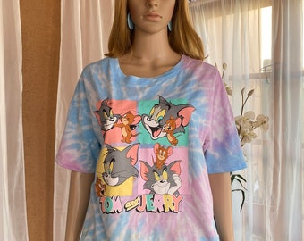 Vintage 90's - Disney Tom & Jerry crop T-shirt. Short Tie dye blue and pink tee . S/M