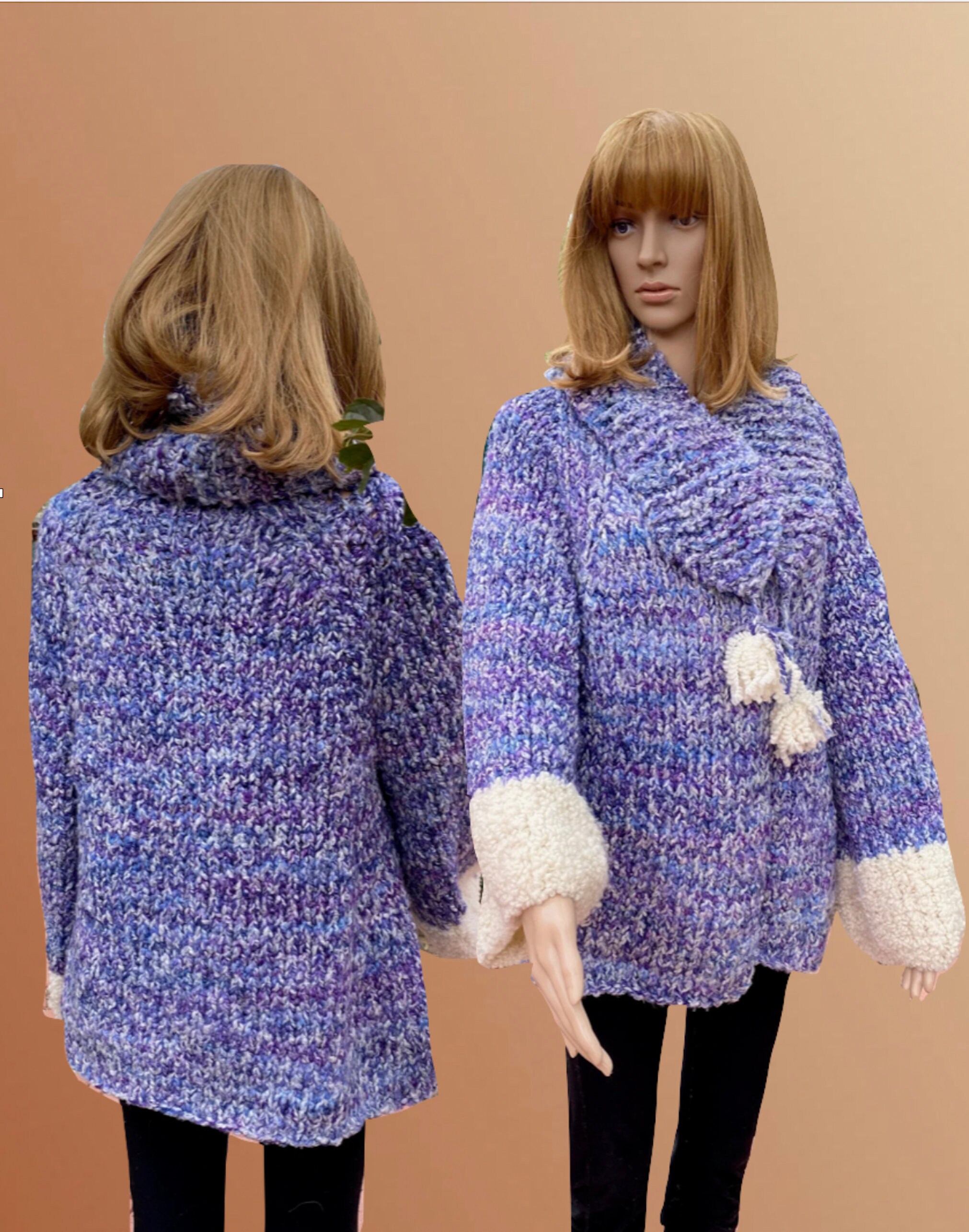 Vintage 80's - Artisanal, HAND KNIT Blue and White Wool Jacket