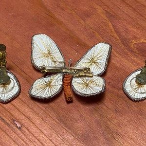 Vintage 70's Macrame Orange butterfly pin and clip earrings image 6