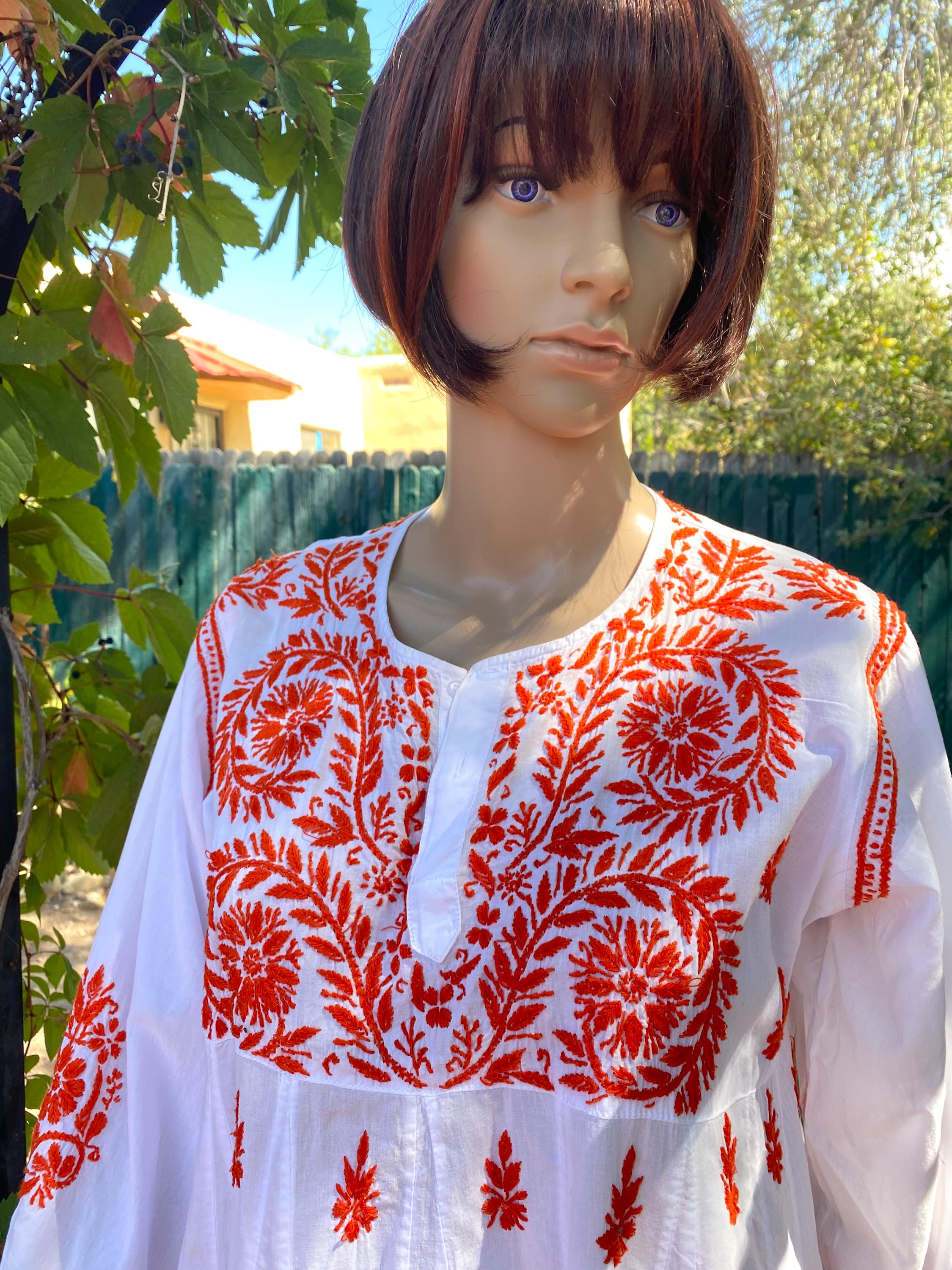 Hand Embroidered White Cotton Dress, With Orange Yarn Embroidery. Long  Sleeves, Knee Length. - Etsy