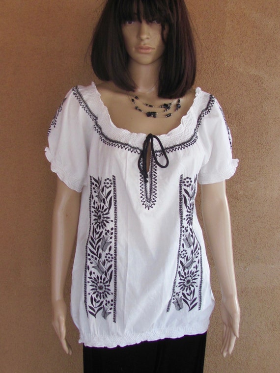 Peasant blouse, Boho style, white cotton with blac