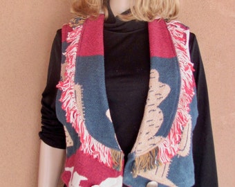 Vintage 80's - Cactus motif,  "Bronco's Billy" cotton tapestry southwestern vest with fringes, silver button