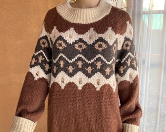 Vintage winter ski-style pullover - AERIE - Oversized, slouch,, brown and white. M/LG - Wool blend knit -