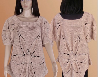 PLUS SIZE - Beige, scalloped asymmetrical short sleeves cotton knit