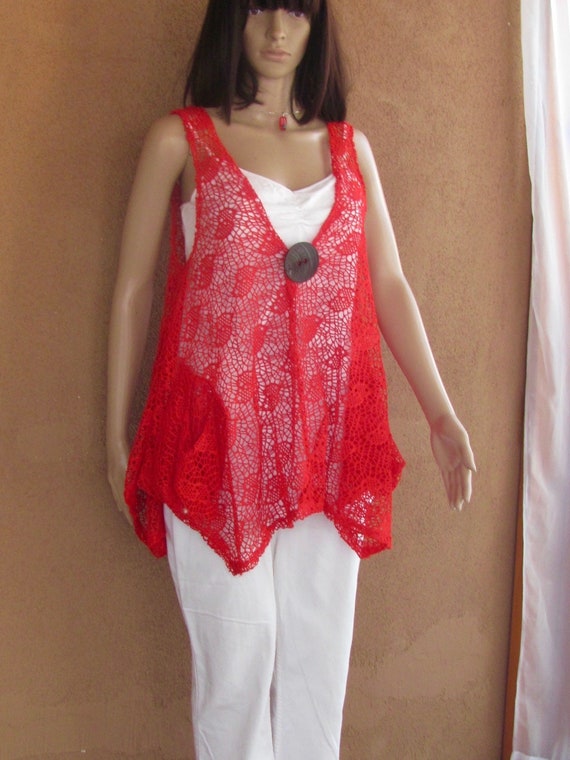 Poppy red sheer lace knit tunic, sleeveless, with… - image 1
