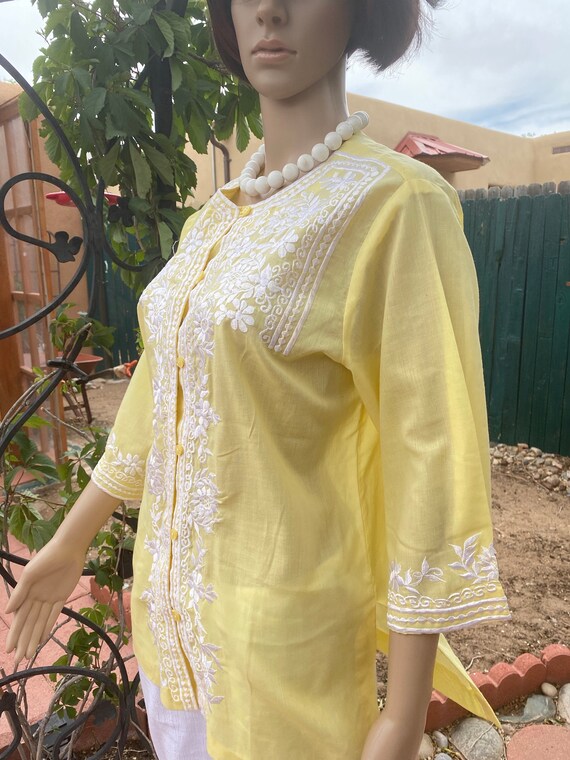 VINTAGE 60's - Yellow Cotton Long Sleeve Blouse w… - image 4