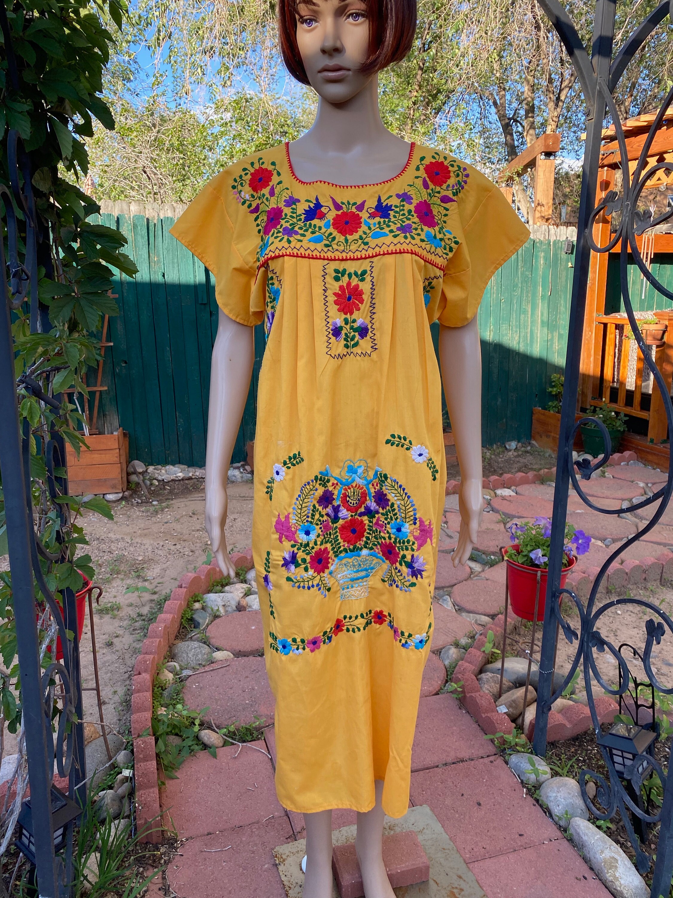 Vintage Mexican Dress, Bright Yellow, Embroidered Flowers and Flower ...
