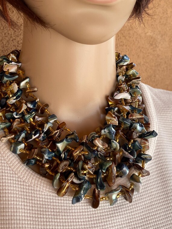 Multi Strand Shell Bib Necklace: Iridescent Bruta… - image 2