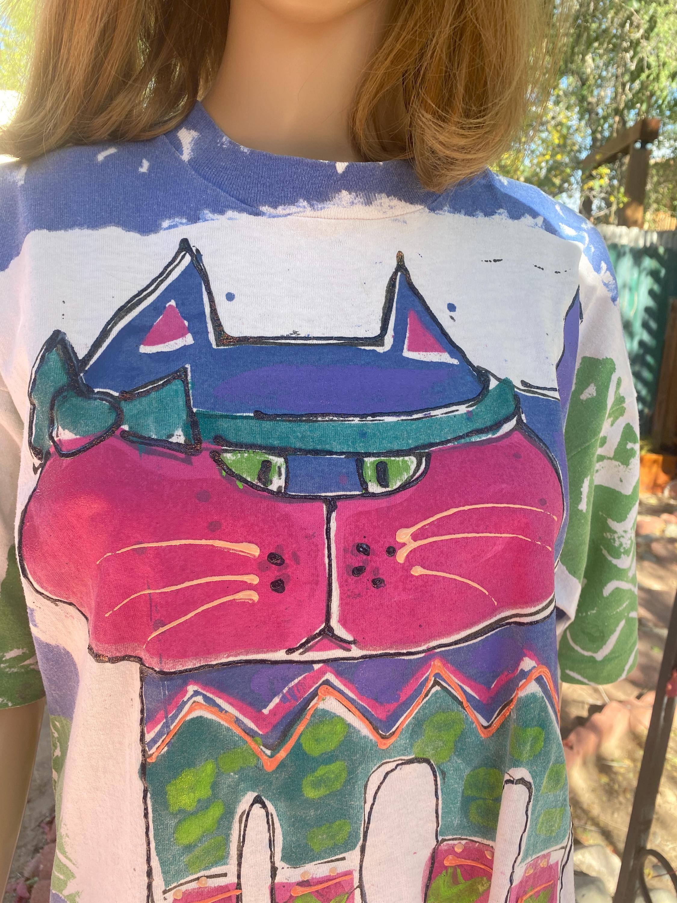 Vintage 90's FRUIT OF the LOOM T-shirt. Cat, Pink and Blue