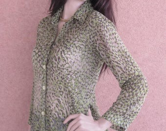 Vintage jaren 90 - ELCC Olijfgroene en zwarte doorschijnende blouse - Grote maten.