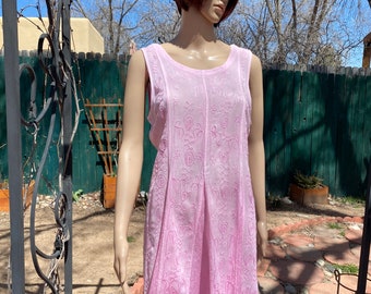 Vintage 90's - Pink knee length flowing embroidered rayon dress. sleeveless, tie back. SM