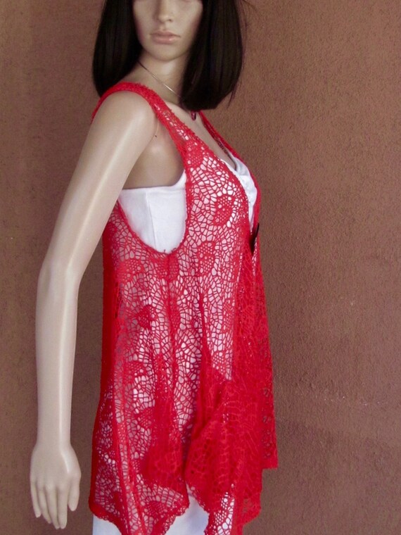 Poppy red sheer lace knit tunic, sleeveless, with… - image 5