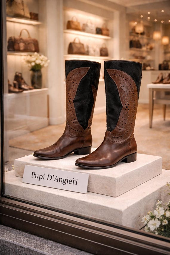 PUPI D'ANGIERI Pull up caramel brown boots. Black goat and lacy leather. Size 7.5