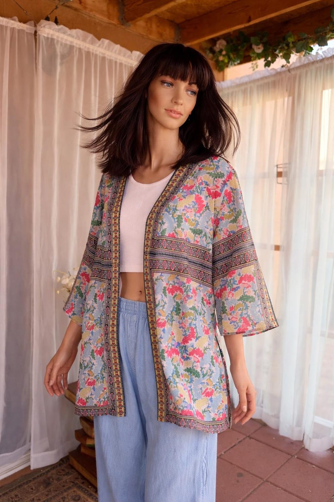 Light Floral Kimono Cardigan, Blue Paisley Yellow Border, Sheer Woven ...