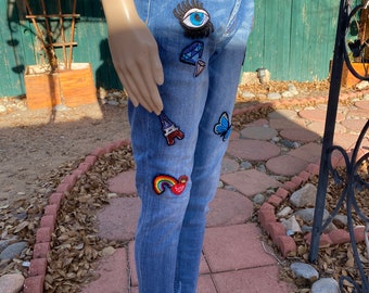 Vintage 80's - ROCKS & INDIGO denim frayed  skinny jeans with multi patches.