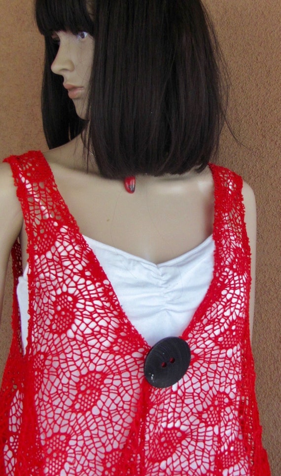 Poppy red sheer lace knit tunic, sleeveless, with… - image 10