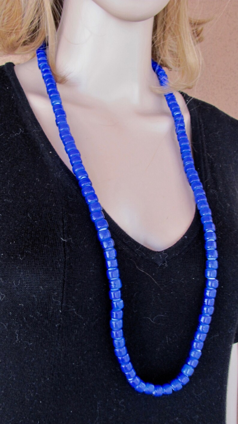 Persian Blue Painted Long Glass Beads Necklace with Jean fabric and brown suede