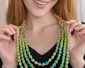 VINTAGE 70's handmade Jewelry - Multi media, multi strands blue and green glass beads necklace.