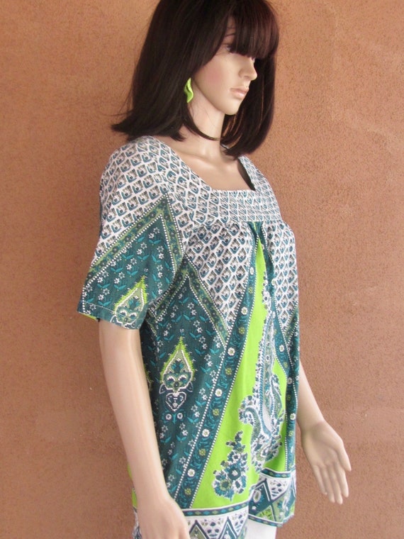African print cotton blouse, lime green and fores… - image 4